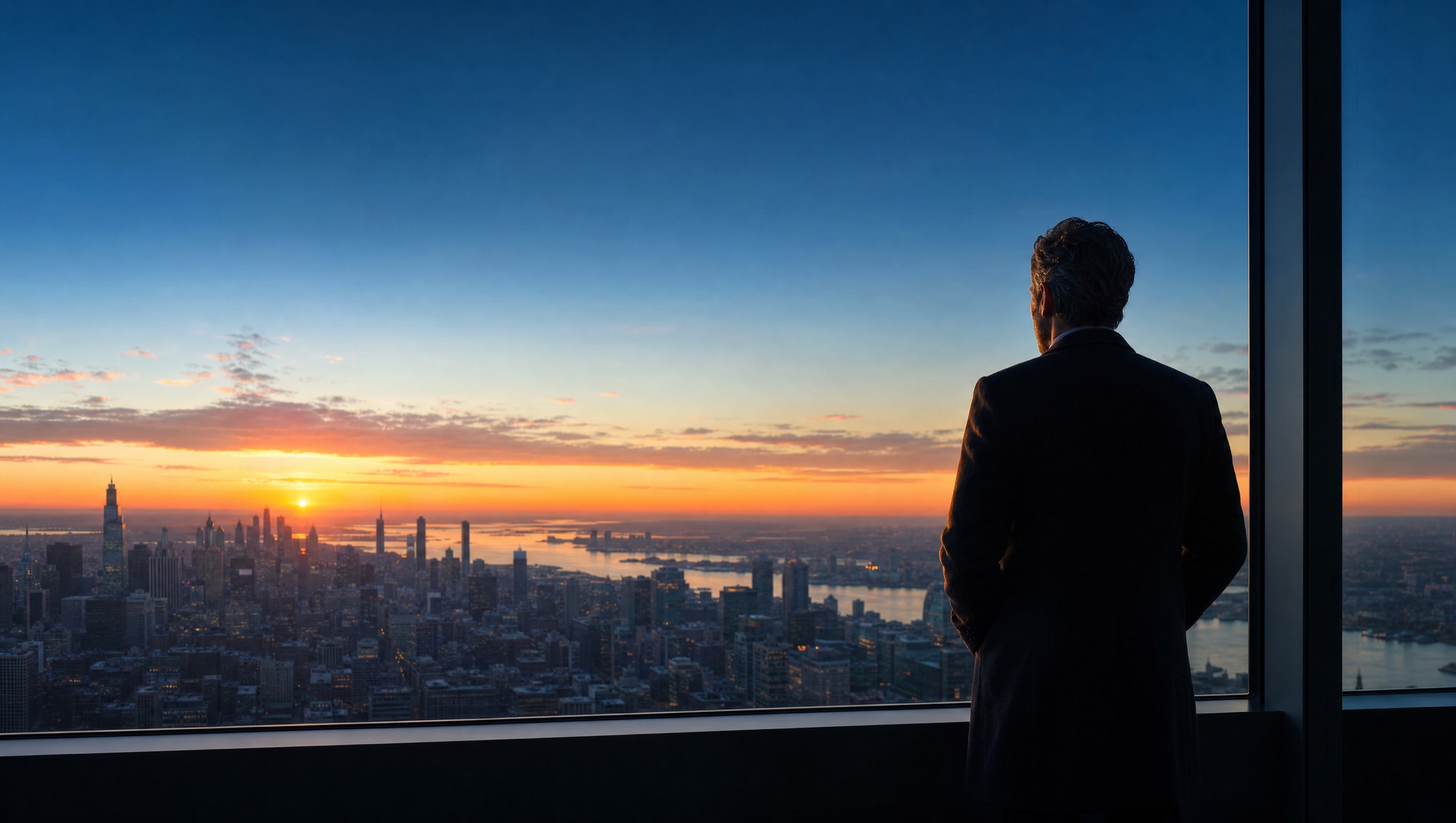 A leader at a tall window above a city as the sun rises.