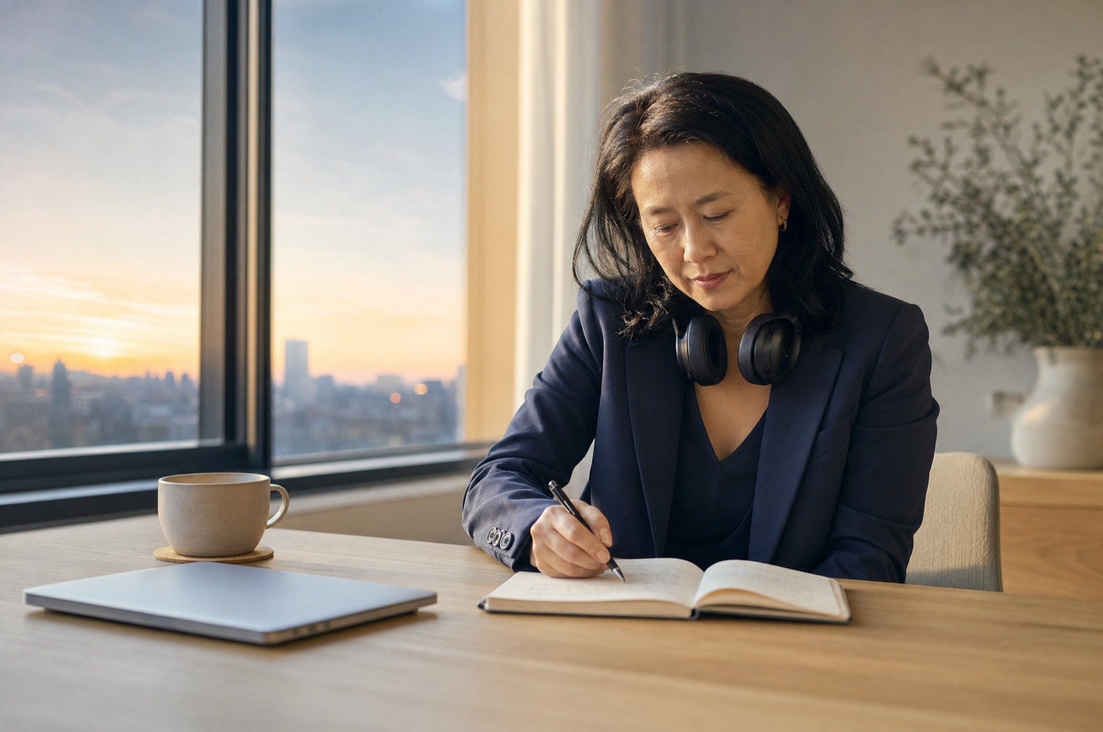 A leader writing in a notebook at her desk at sunrise, with headphones around her neck.